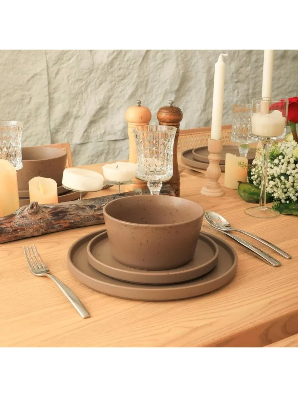 Modern Stoneware 16-Piece Dinnerware Set, Matte Brown Plates & Bowls, Service